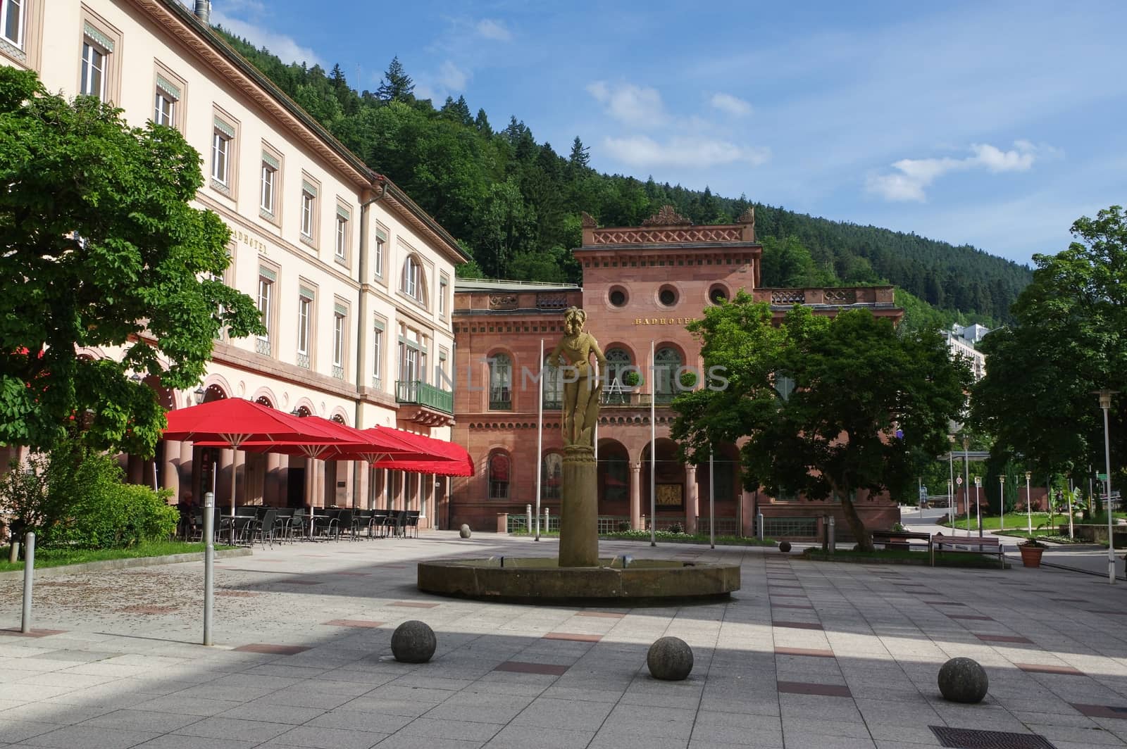 BAD WILDBAD, GERMANY - JUNE 28, 2015: the square Kurplatz, Palais Thermal former Badhotel, Baden-Wuerttemberg, Schwarzwald Black Forest by evolutionnow