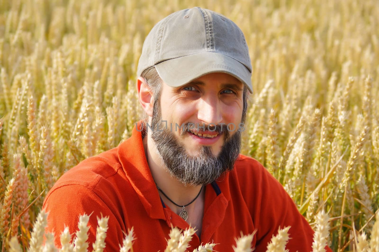 a bearded man in a cup standing in a wheat field by evolutionnow