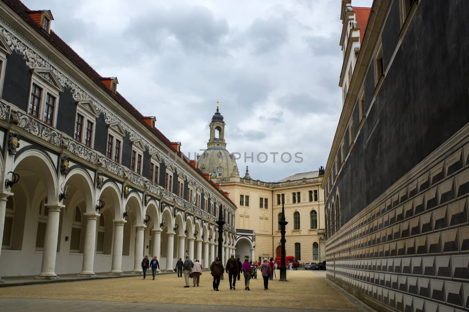 DRESDEN, GERMANY - JULY 13, 2015: the city center with historic buildings and the Fuerstenzug (Procession of Princes), a giant mural