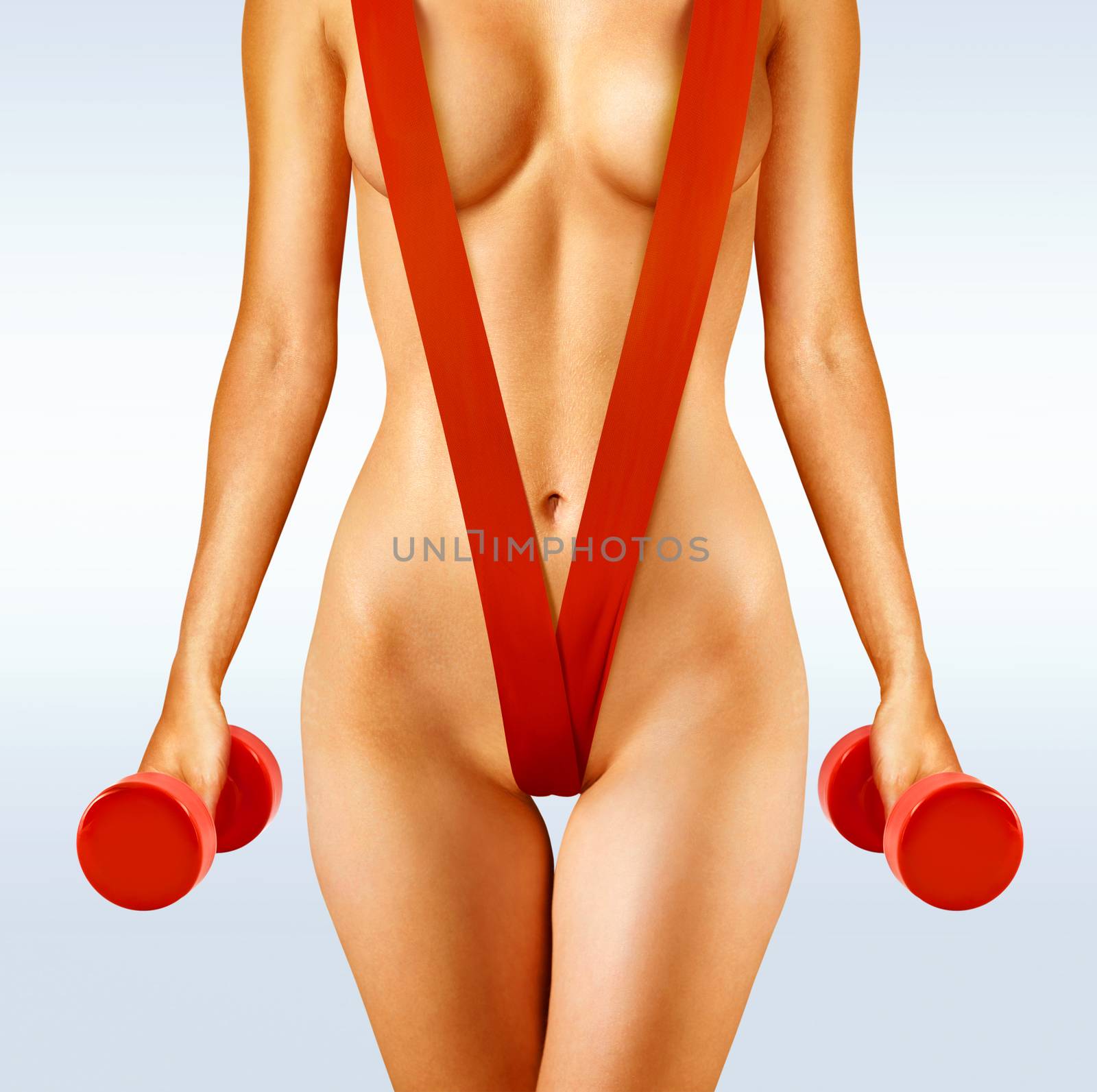 body of woman that working out with red dumbbells