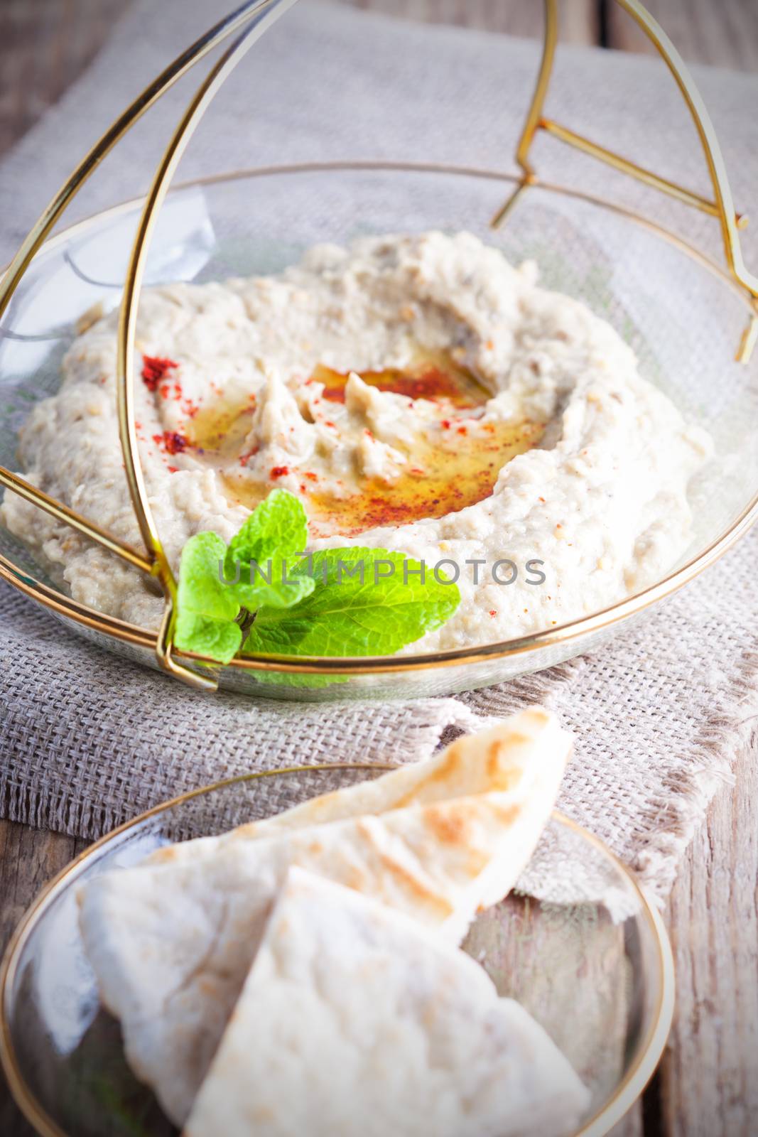 Baba ghanoush, eggplant dip mediterranean food on a table