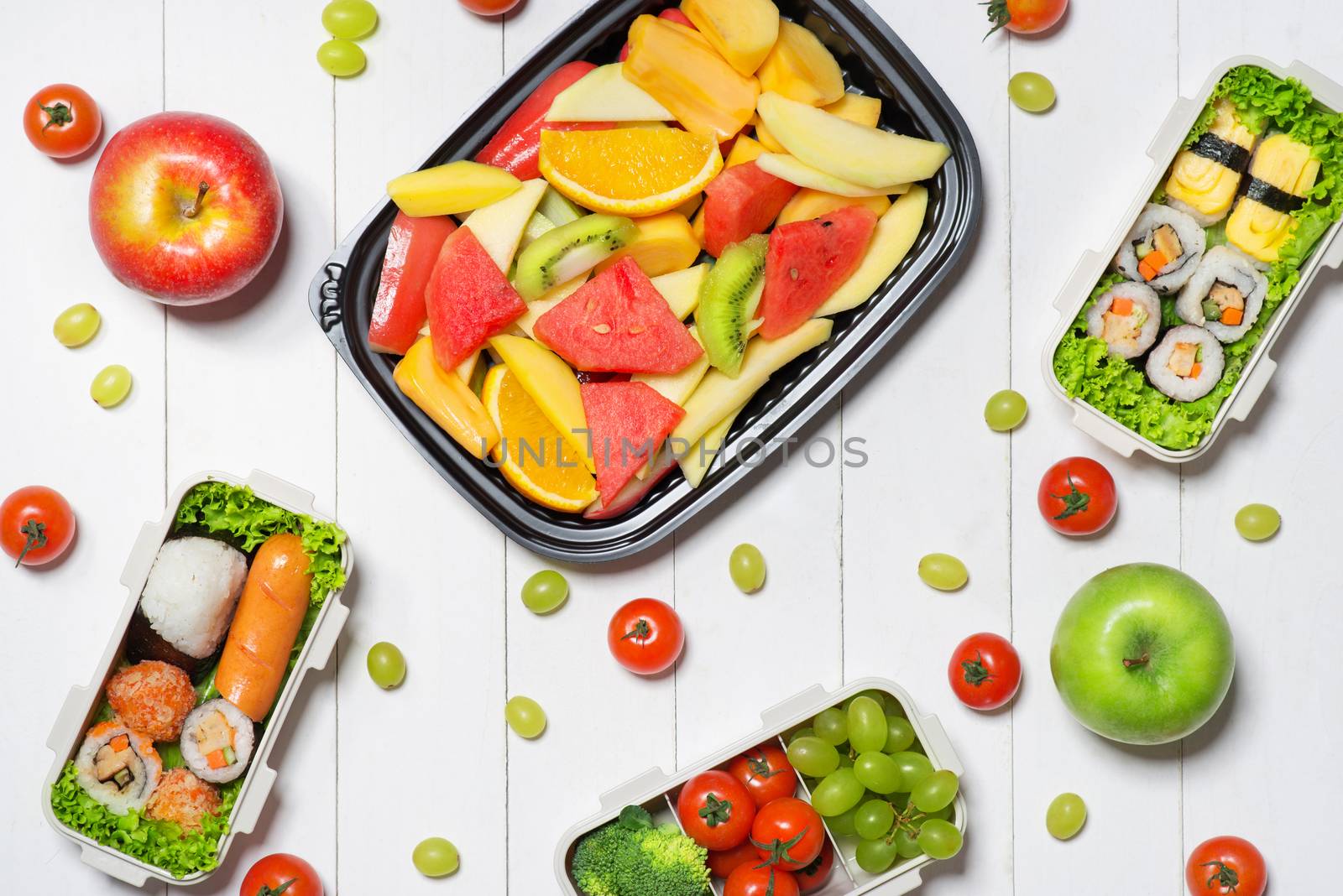 Healthy food concept. Bento box with food, fresh veggies and fruits.