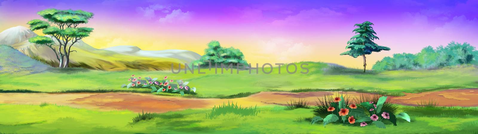 Rural Landscape with a Path against the Violet Sky by Multipedia