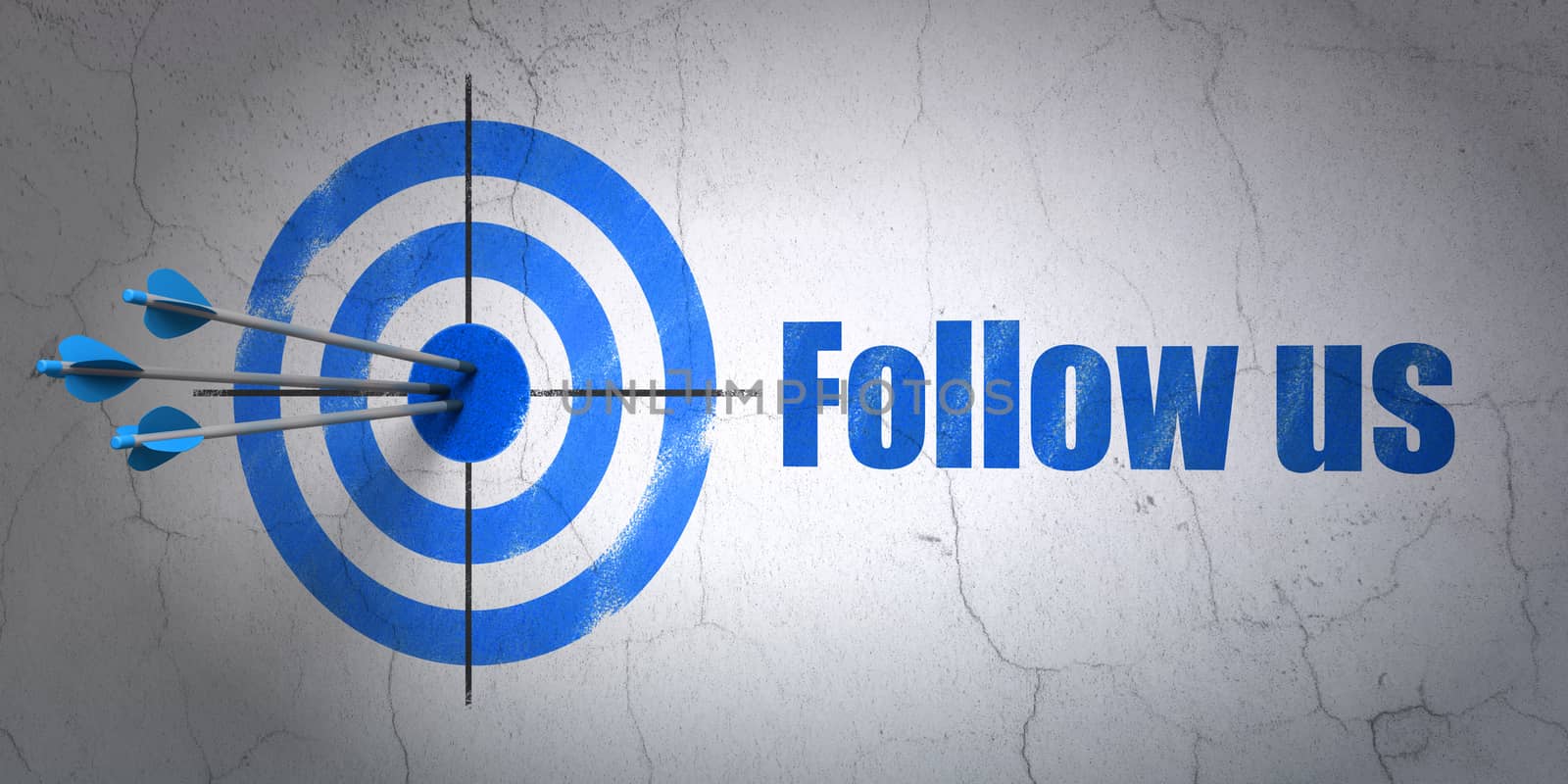 Success social media concept: arrows hitting the center of target, Blue Follow us on wall background, 3D rendering