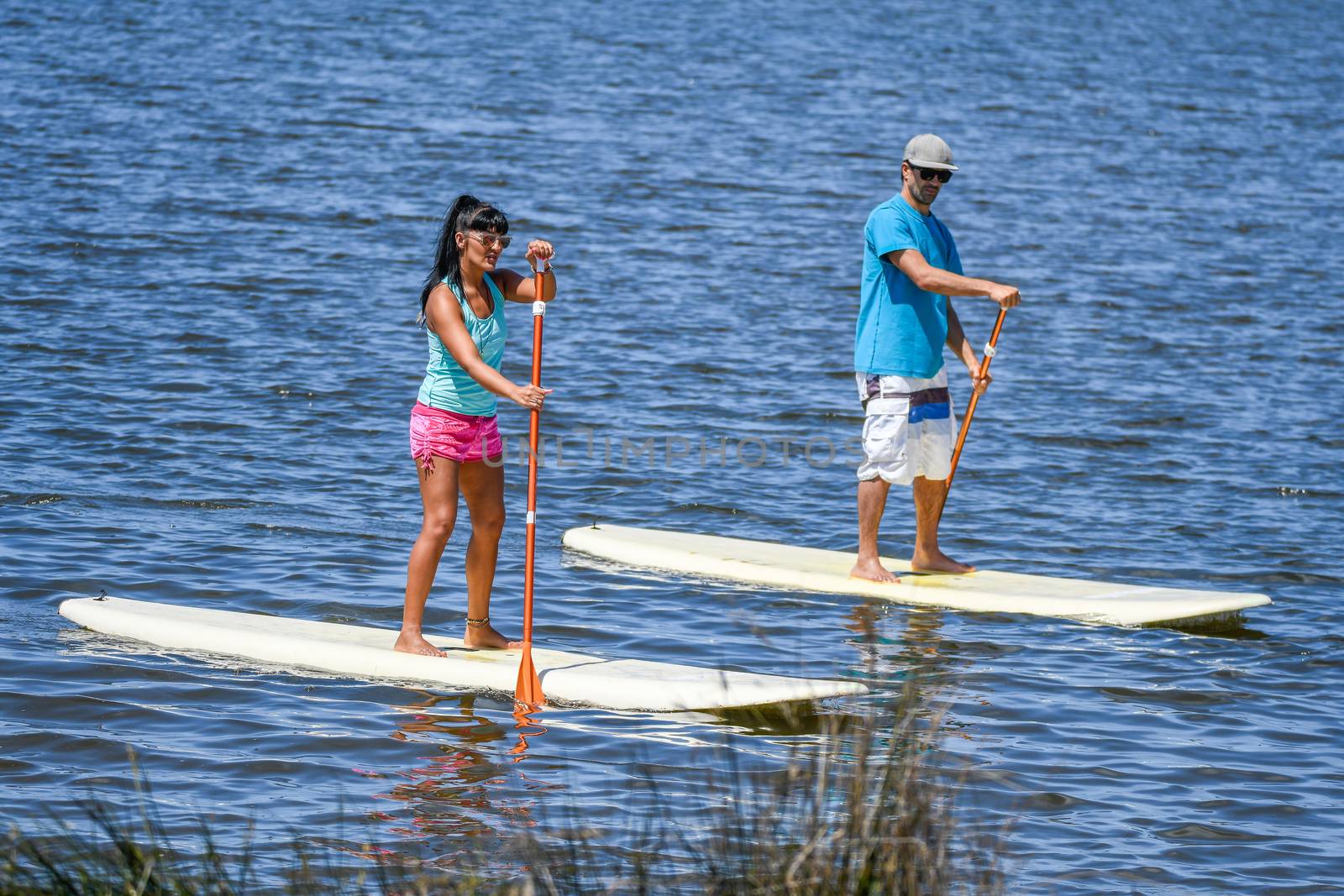 Man and woman stand up paddleboarding on lake. Young couple are doing watersport on lake. Male and female tourists are in swimwear during summer vacation.