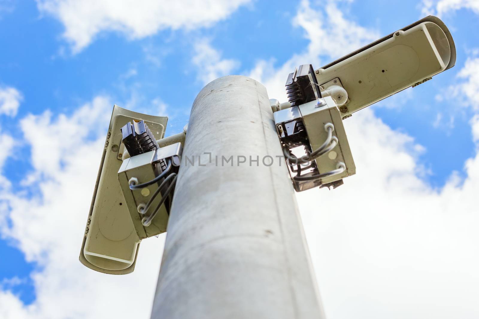 CCTV Security camera and urban video. Closeup view.