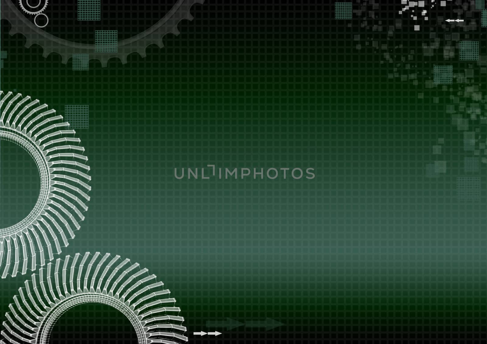 Industrial abstract background with gear and grid coordinates. Dark green.