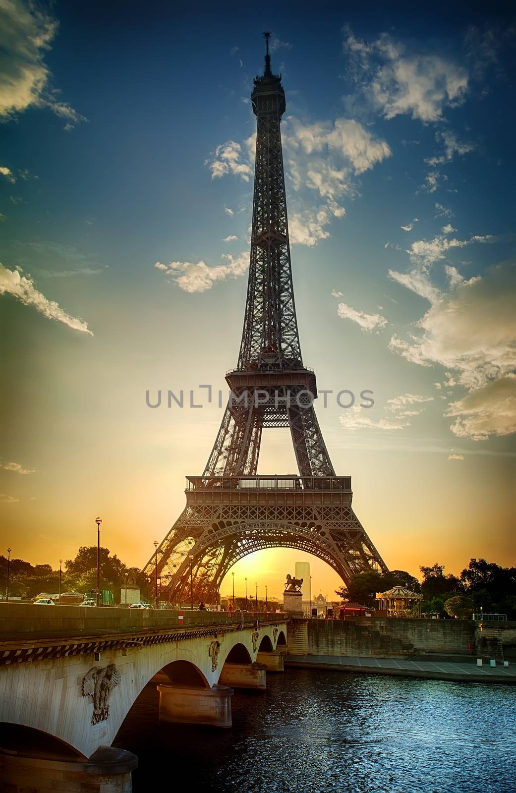 View on Eiffel Tower and Pont d'Iena on Seine in Paris, France