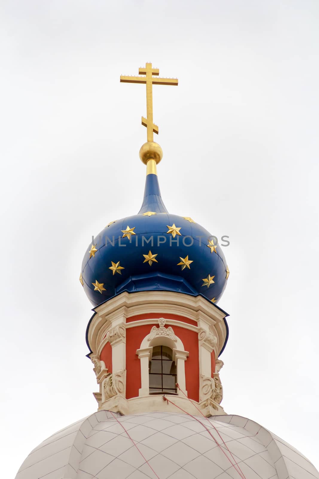 Russian province orthodoxy church with blue cupolas