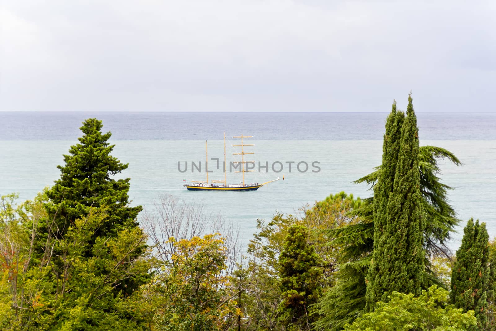 Panorama of Black sea with boat in summer sunny day