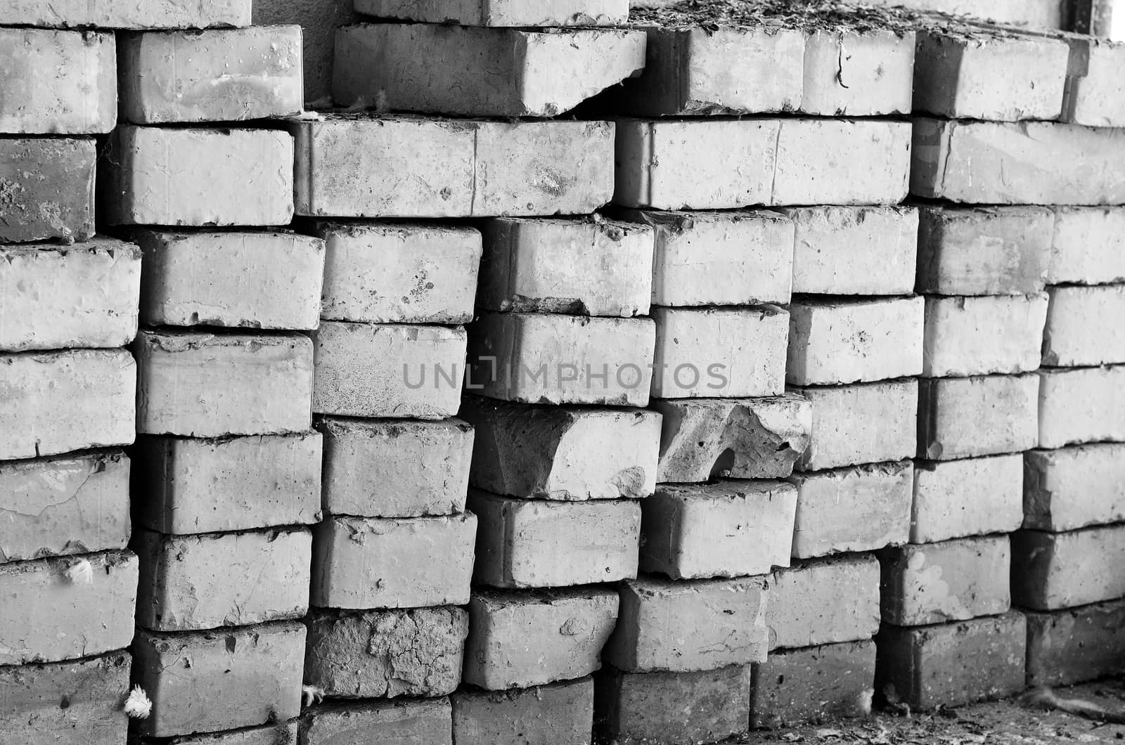 Pile of old bricks black and white theme