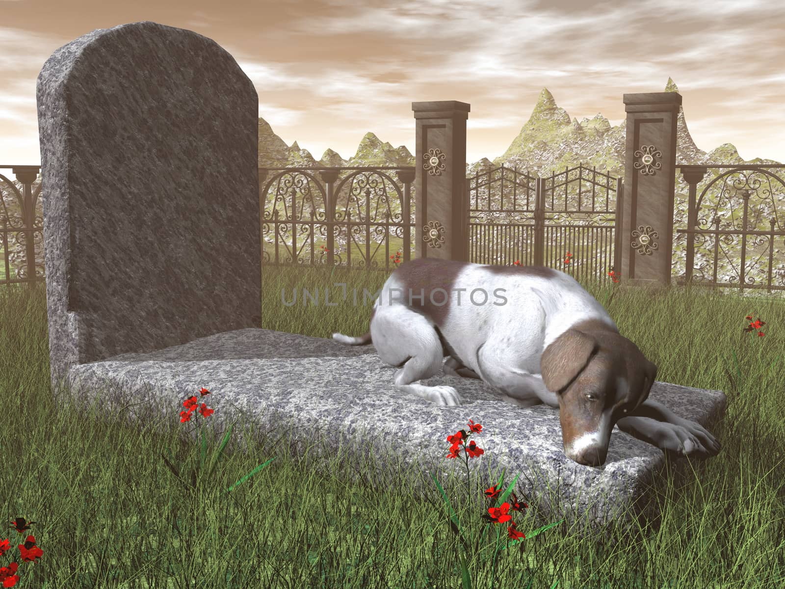 Dog on a tombstone by sunset light - 3D render