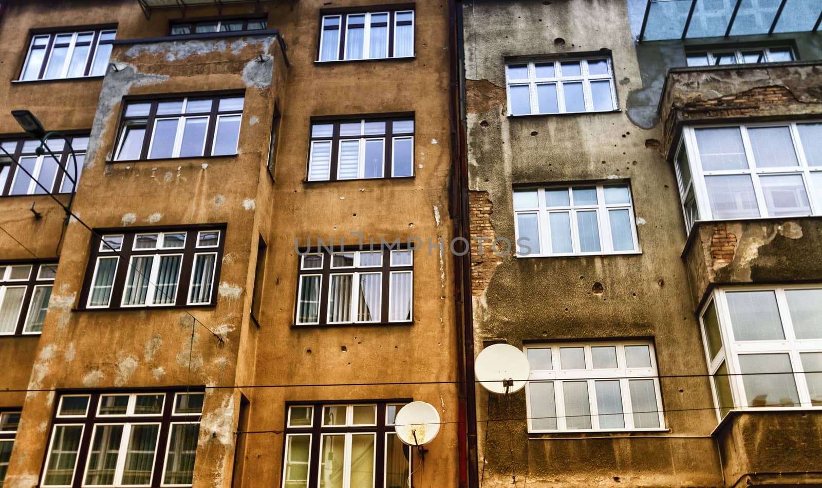 Bullet holes in a facade wall building in Sarajeva, Bosnia and Herzegovina