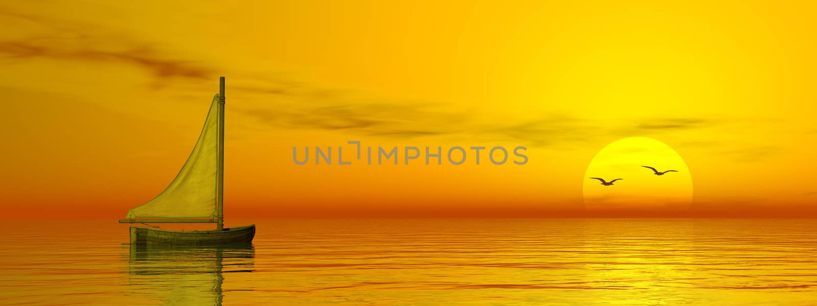 Small sailing boat on the ocean by sunset - 3D render