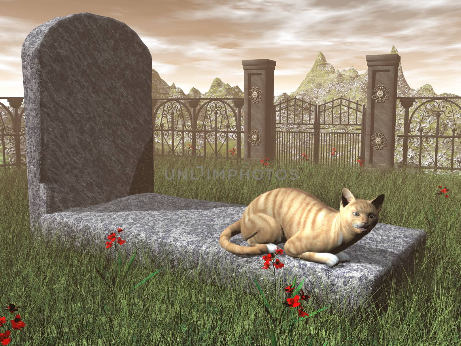 Cat on a tombstone - 3D render by Elenaphotos21