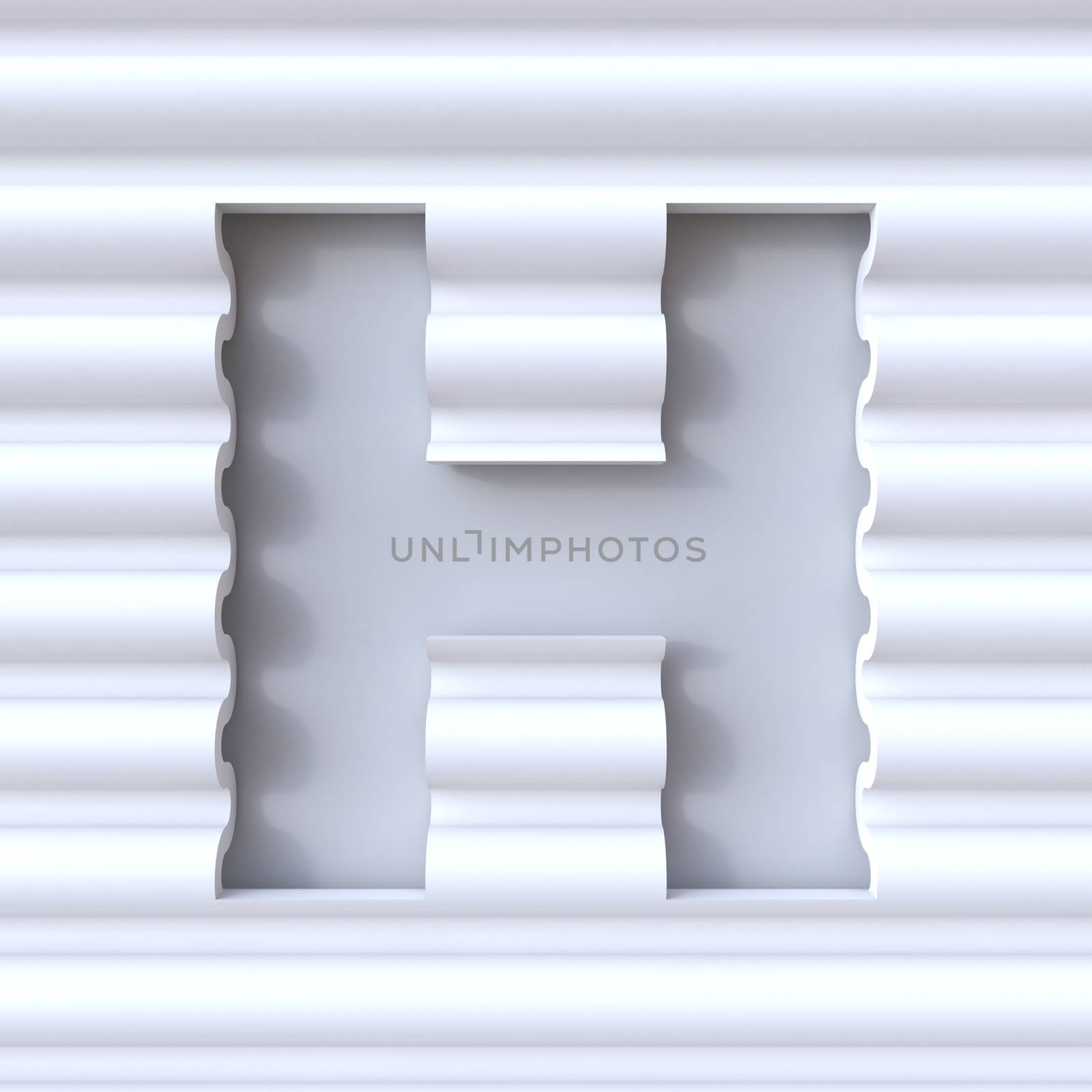 Cut out font in wave surface LETTER H 3D rendering illustration