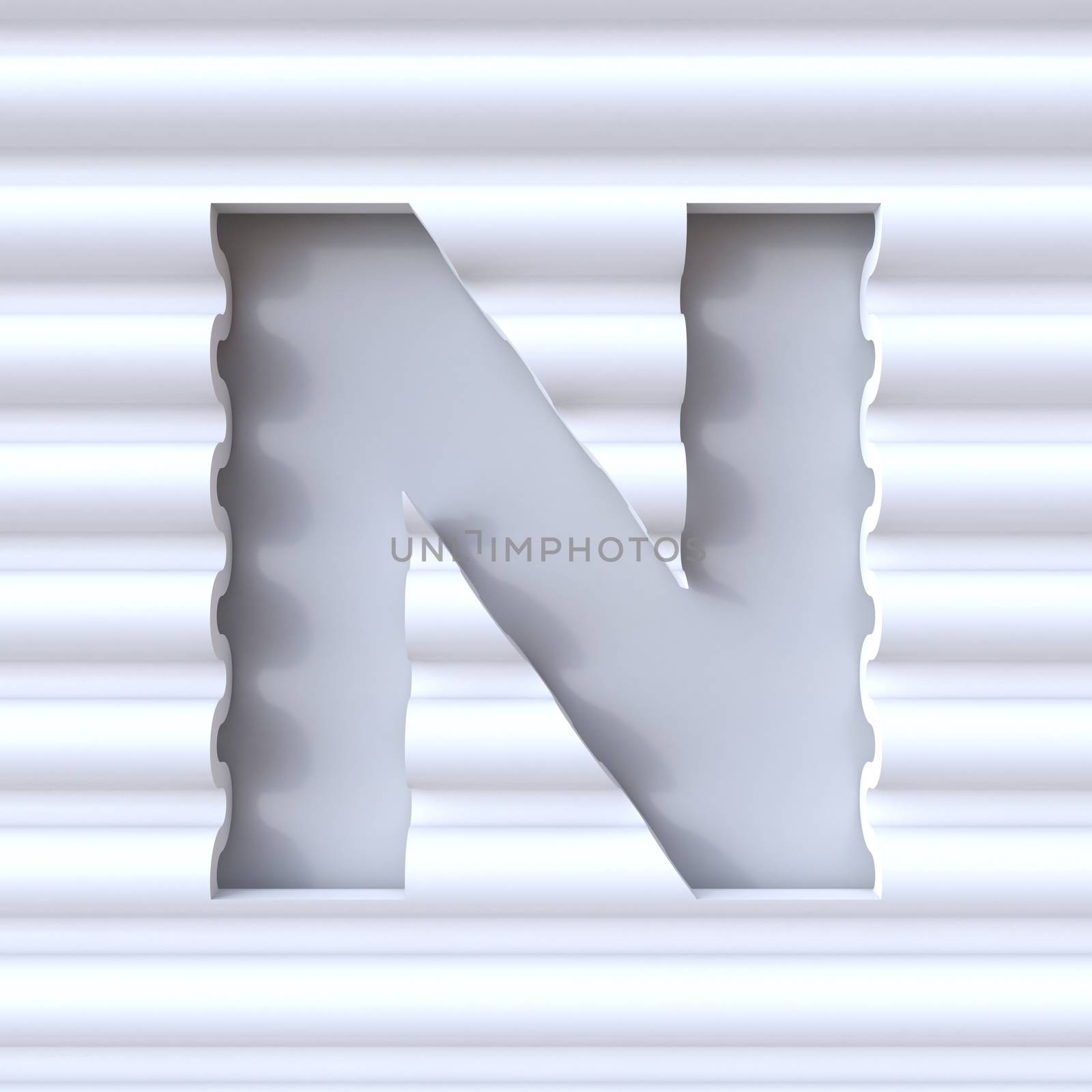 Cut out font in wave surface LETTER N 3D rendering illustration