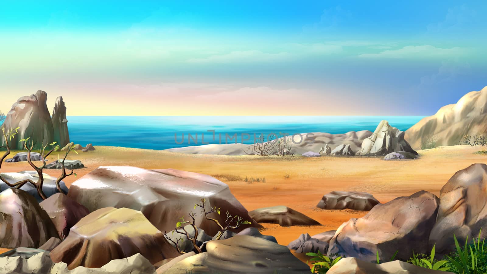 Rocky Shore Against Blue Sky in a Summer Day. Digital Painting Background, Illustration in cartoon style character.