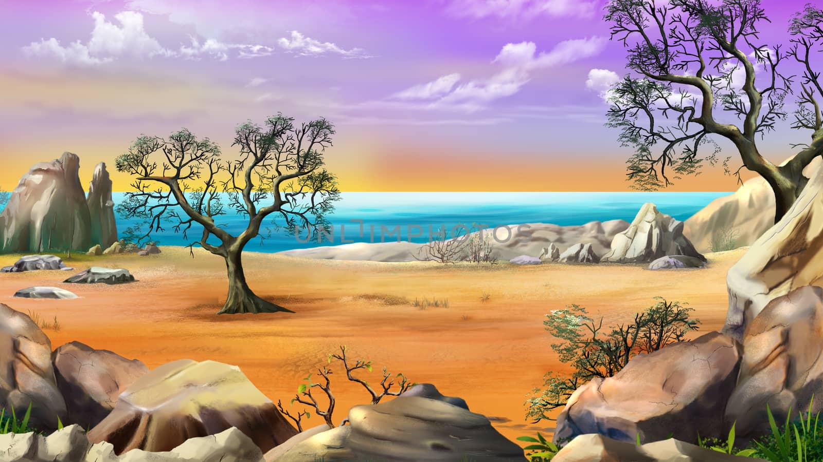 Rocky Shore with Lonely Tree against the Dawn sky in a Summer morning. Digital Painting Background, Illustration in cartoon style character.