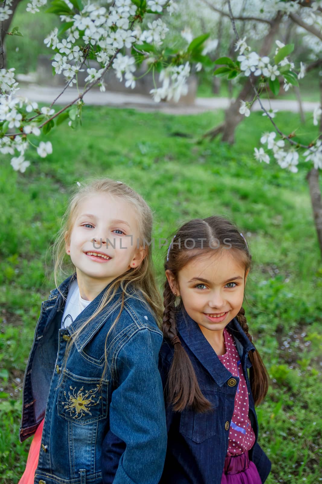 Two girls enjoying falling petals in spring garden by Angel_a