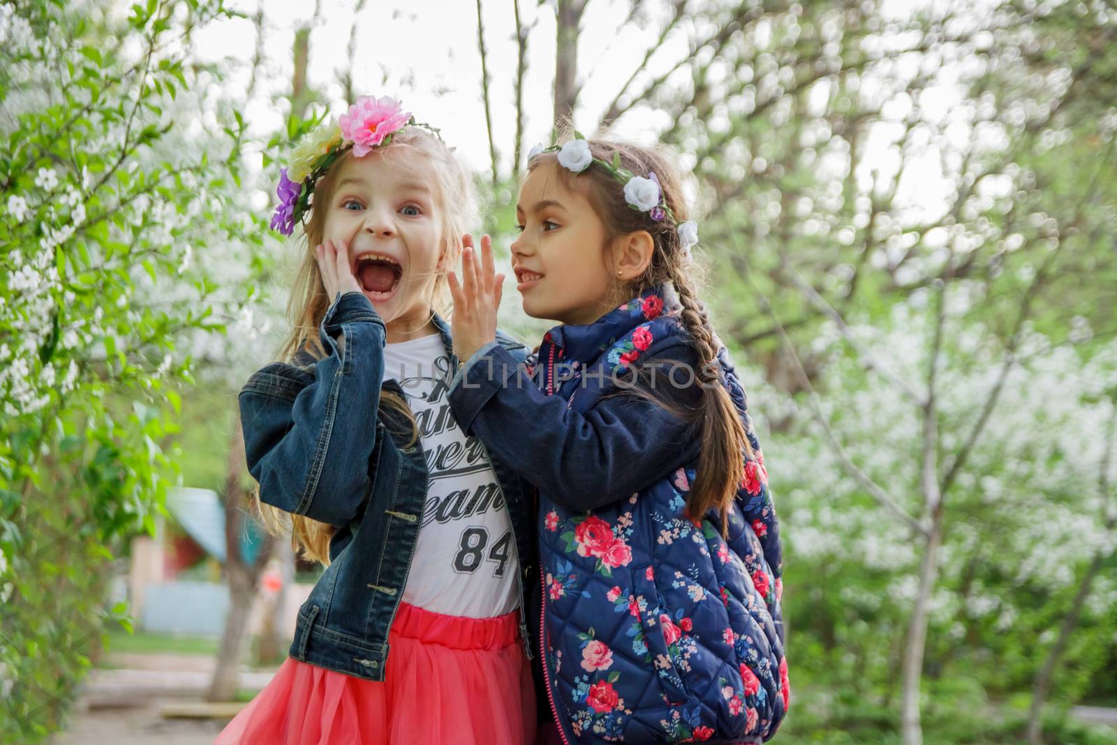 Two girls sharing shocked news among spring garden