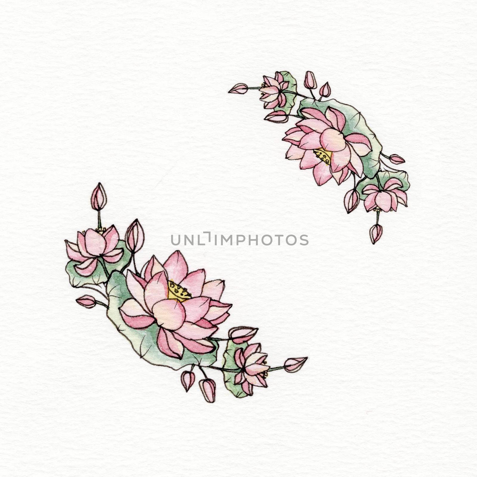 Graphic wreath with flowers of lotus. Used for wedding invitation, greeting cards