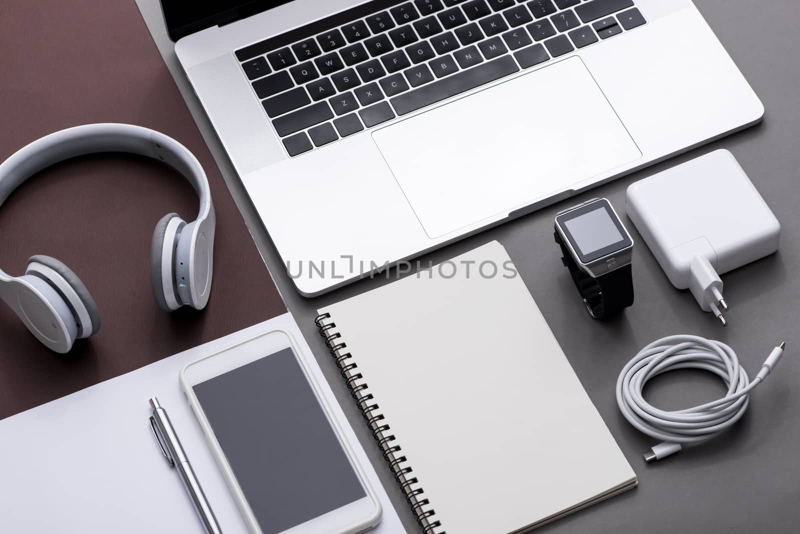 Set of black and white of office supplies and business gadgets.