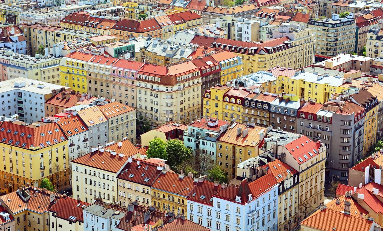 Top view of the red roofs of Prague downtown.