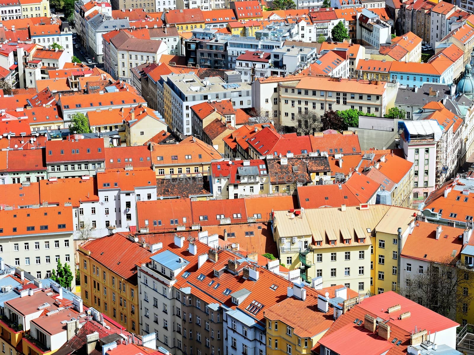 Top view of the red roofs of Prague downtown.