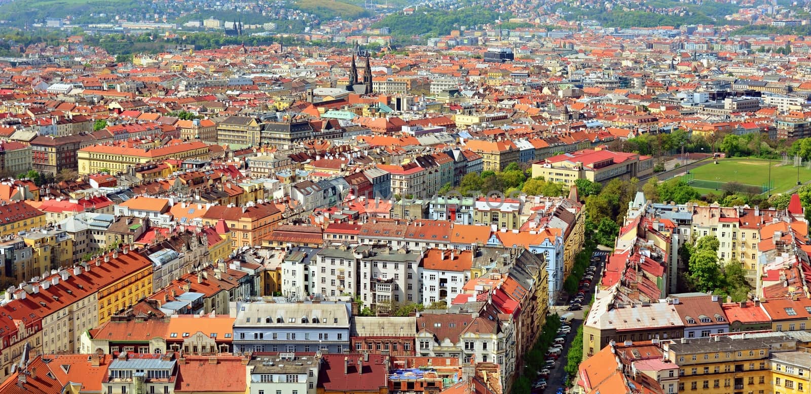 Top view of the red roofs of Prague downtown.