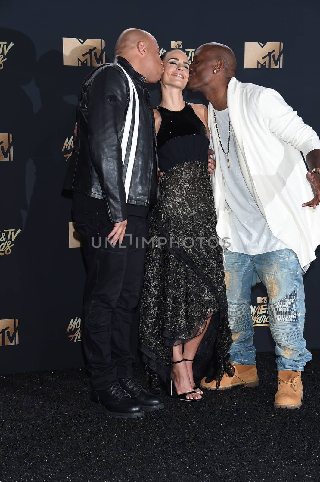 Vin Diesel, Jordana Brewster, Tyrese Gibson at the 2017 MTV Movie & TV Awards, Press Room, Shrine Auditorium, Los Angeles, CA 05-07-17