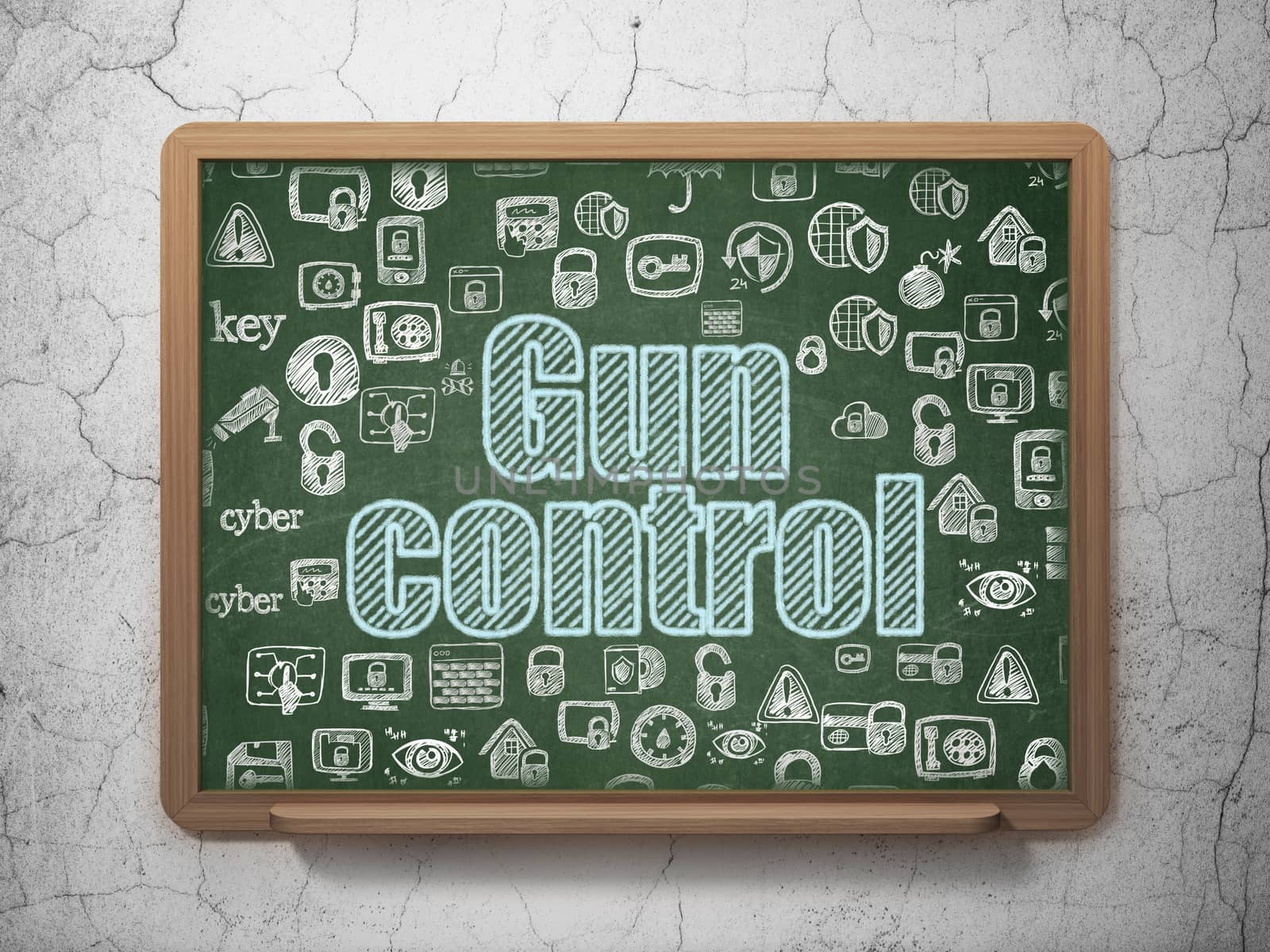 Protection concept: Chalk Blue text Gun Control on School board background with  Hand Drawn Security Icons, 3D Rendering