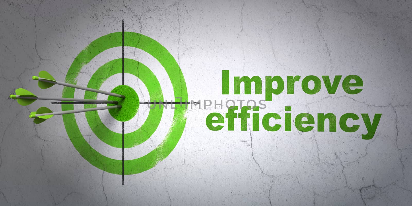 Success business concept: arrows hitting the center of target, Green Improve Efficiency on wall background, 3D rendering