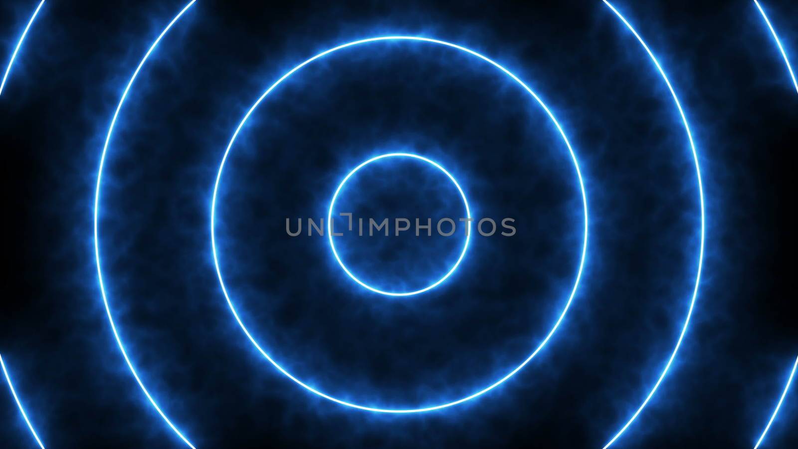Abstract background with blue neon circles. 3d rendering