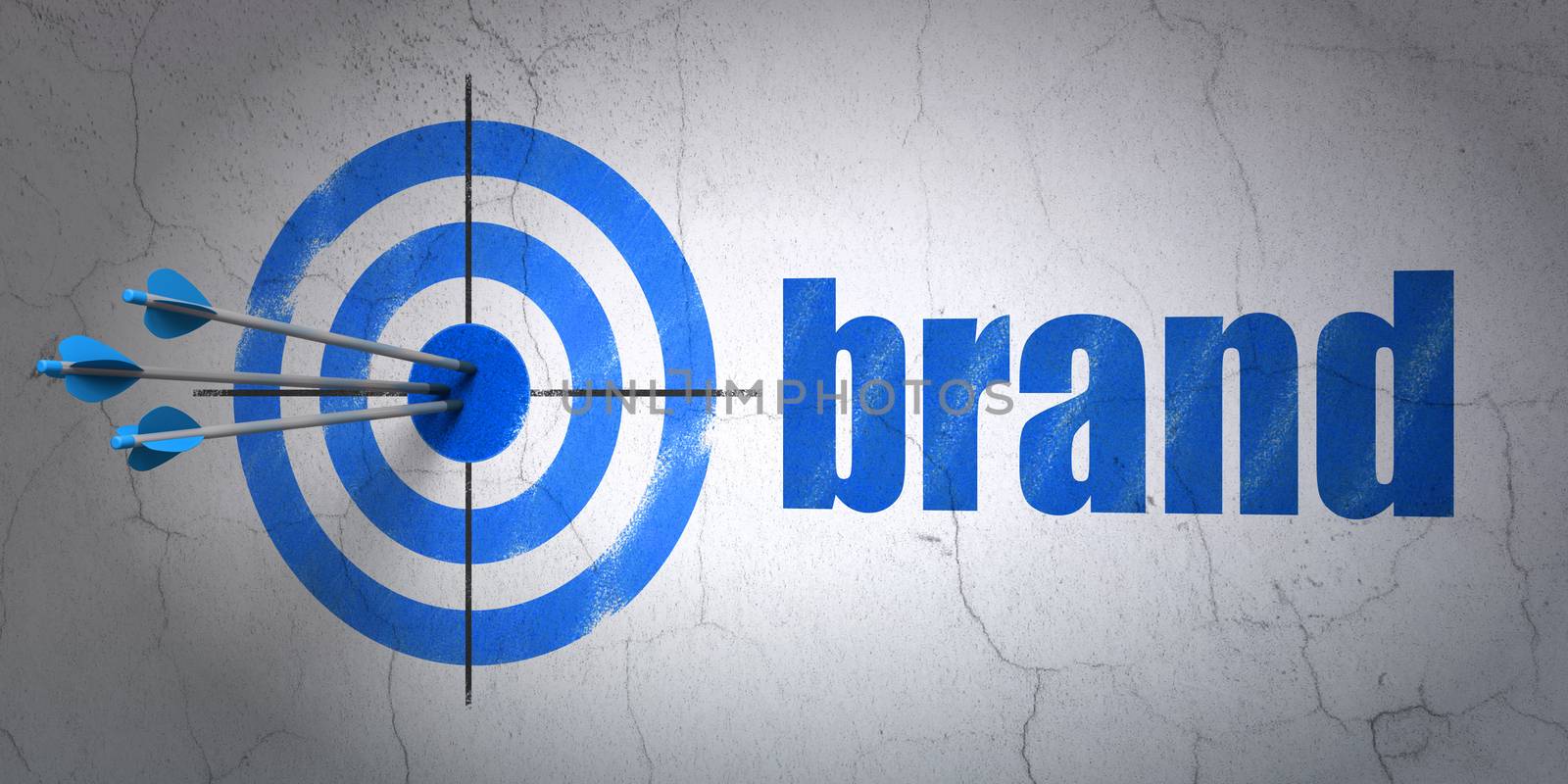 Success advertising concept: arrows hitting the center of target, Blue Brand on wall background, 3D rendering