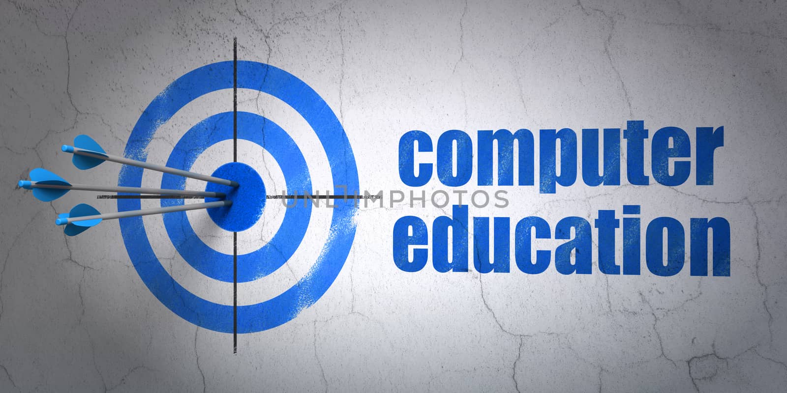 Success Learning concept: arrows hitting the center of target, Blue Computer Education on wall background, 3D rendering