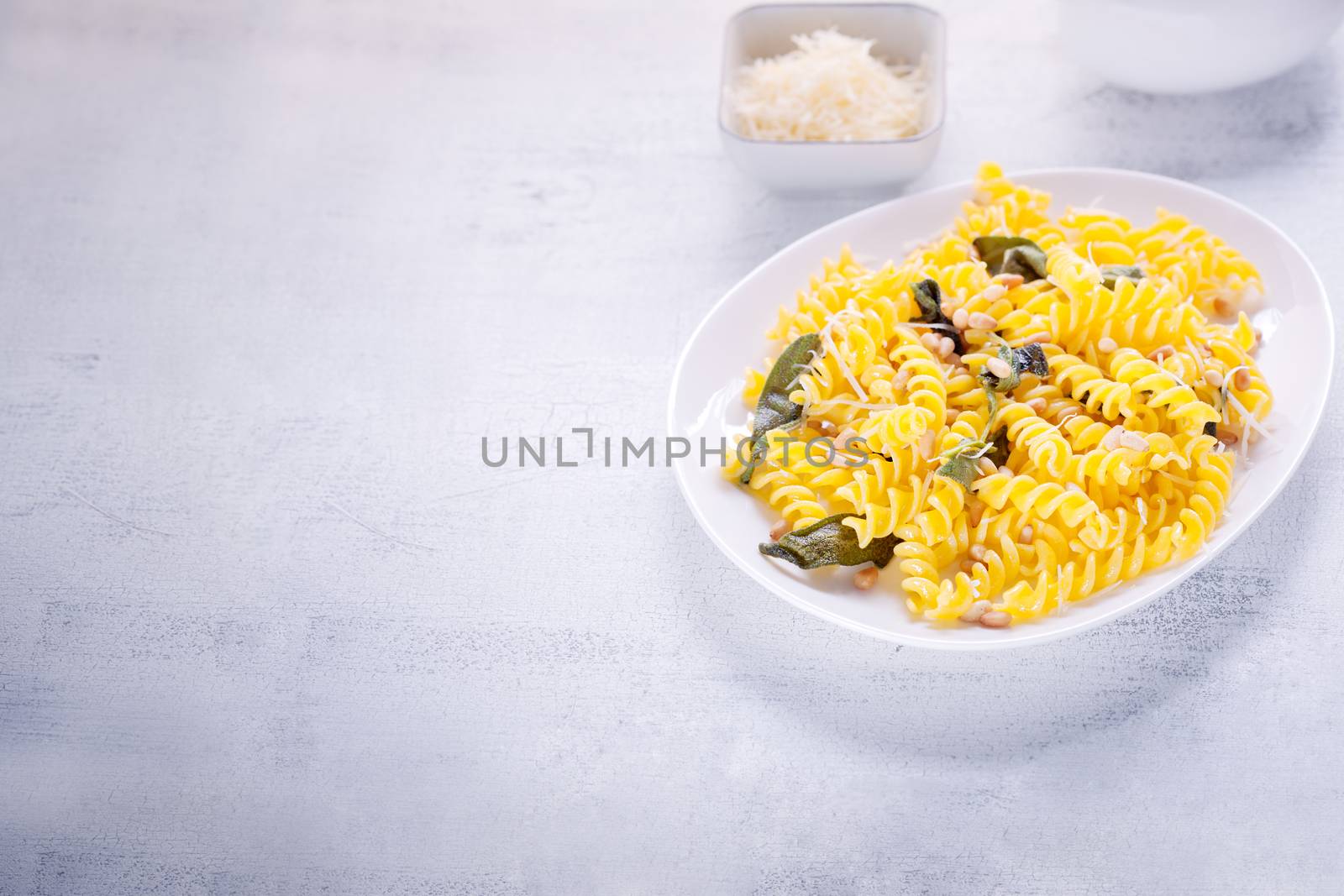 Fusilli pasta with sage and pine nuts. Gluten free. Flour from rice and corn flour