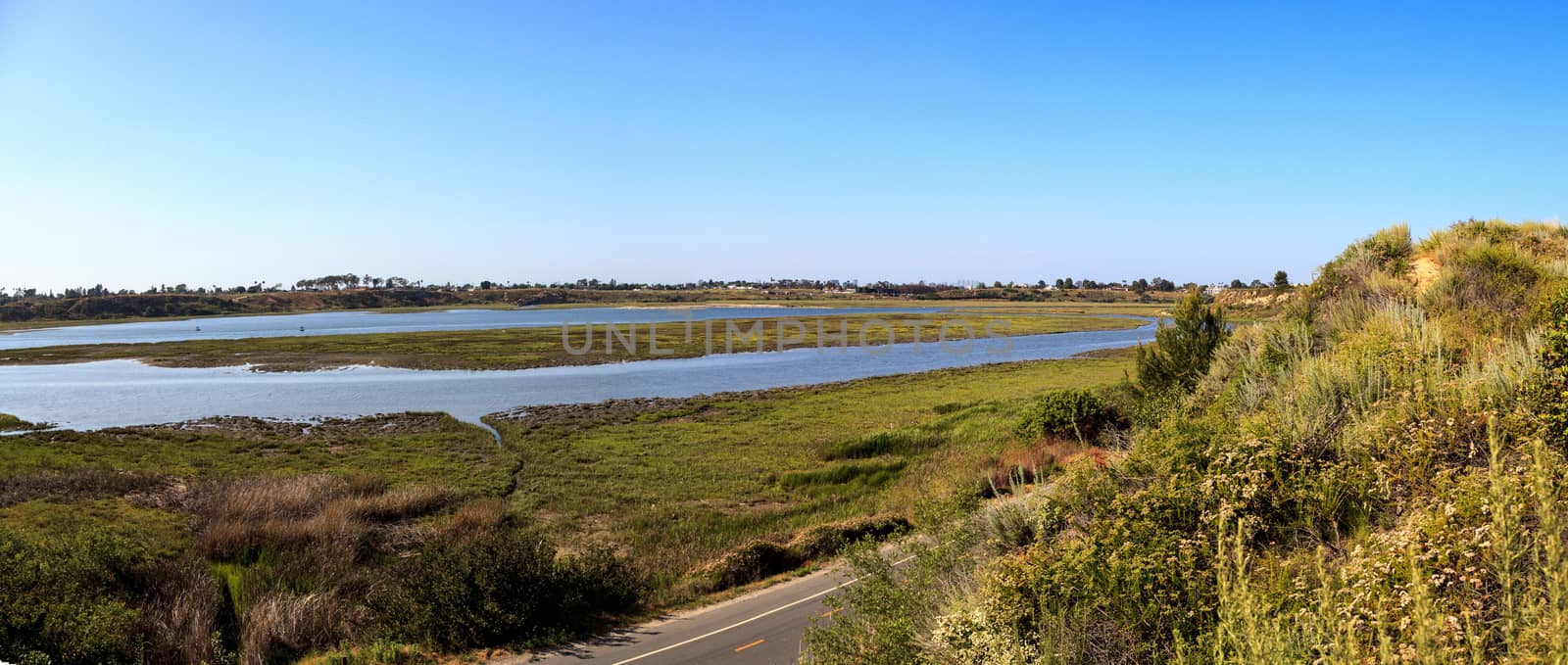 Newport Back Bay loop hiking trail winds along the marsh, where you will see wildlife in Newport Beach, California USA