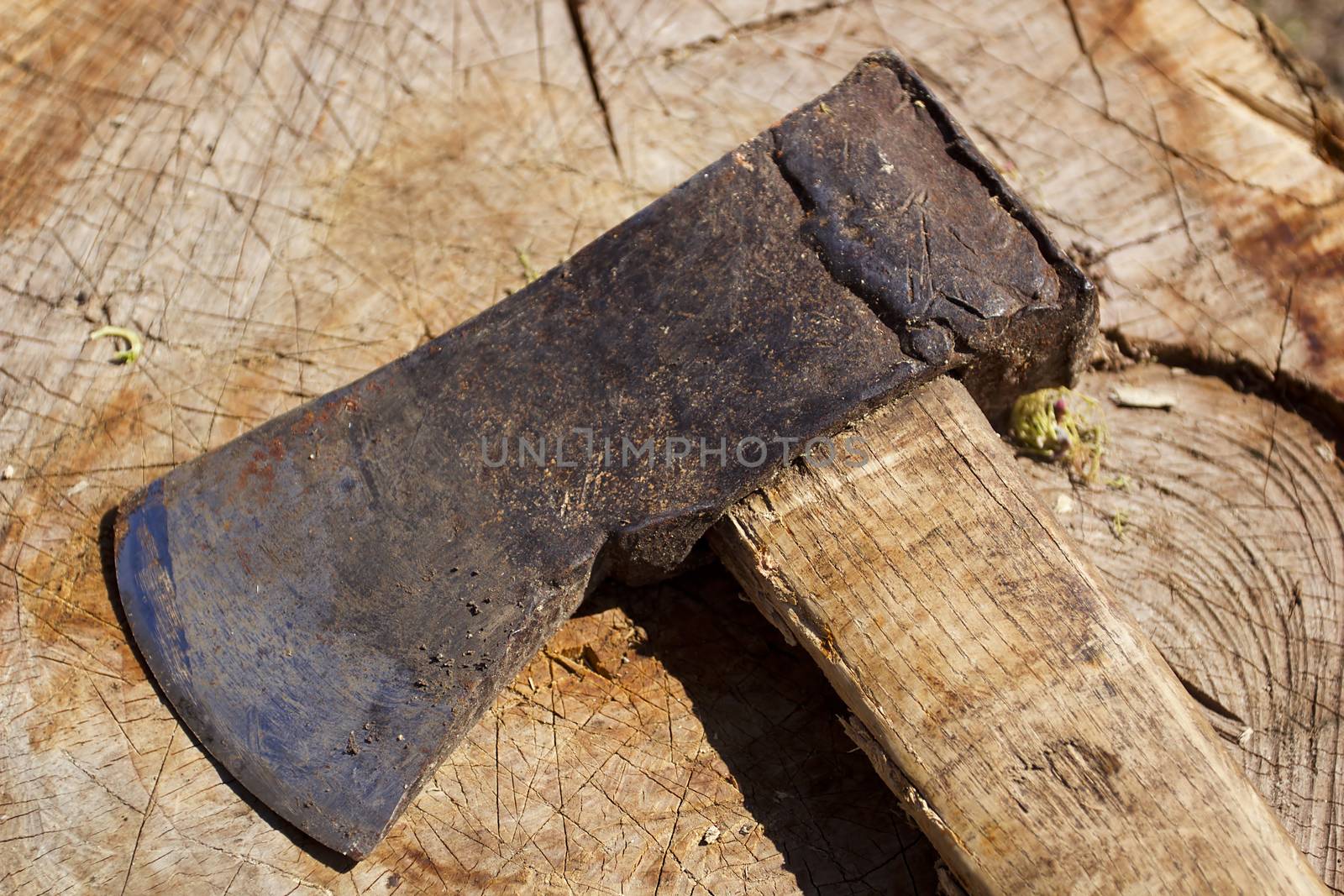 Old rusty ax against the background of a wooden stump