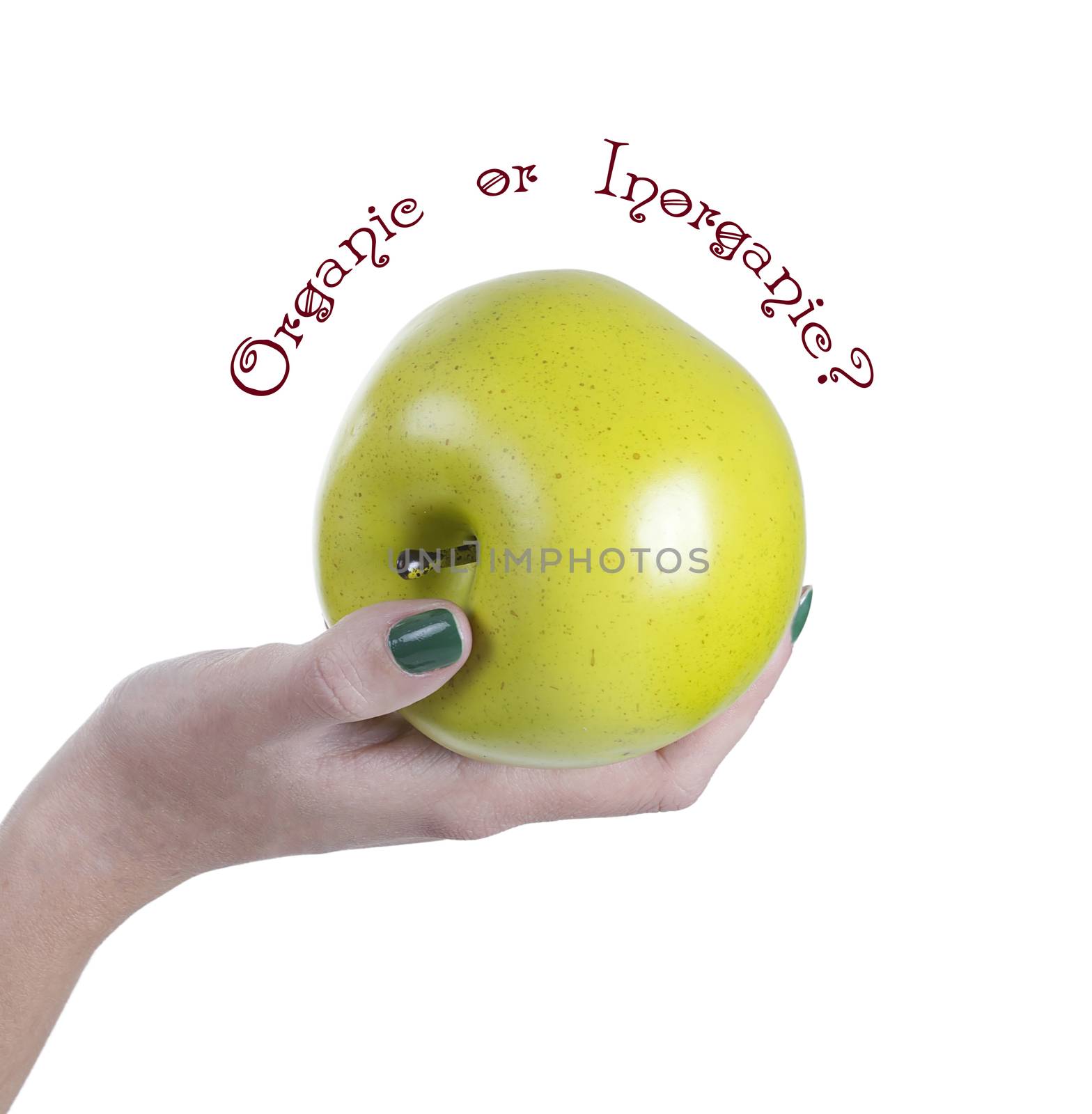 Green apple in his hand and asks Organic or inorganic?