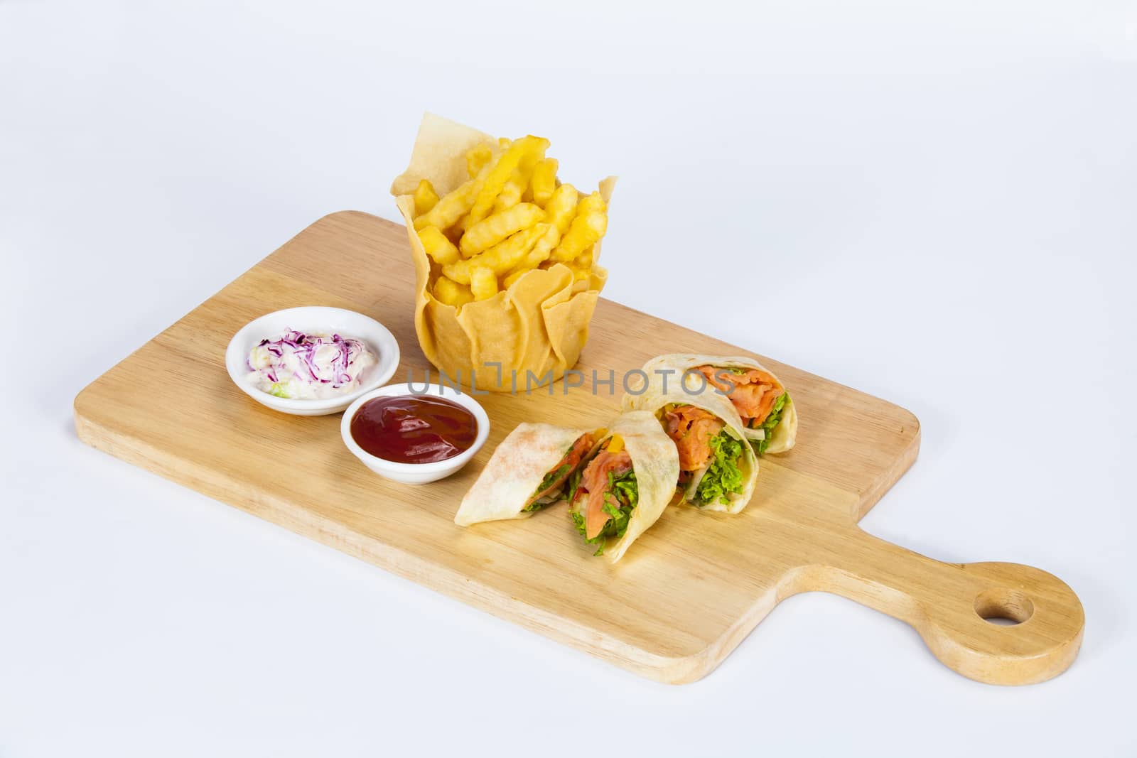 french fries potatoes with skin served with salt and herbs,Thai Fresh Spring Rolls.