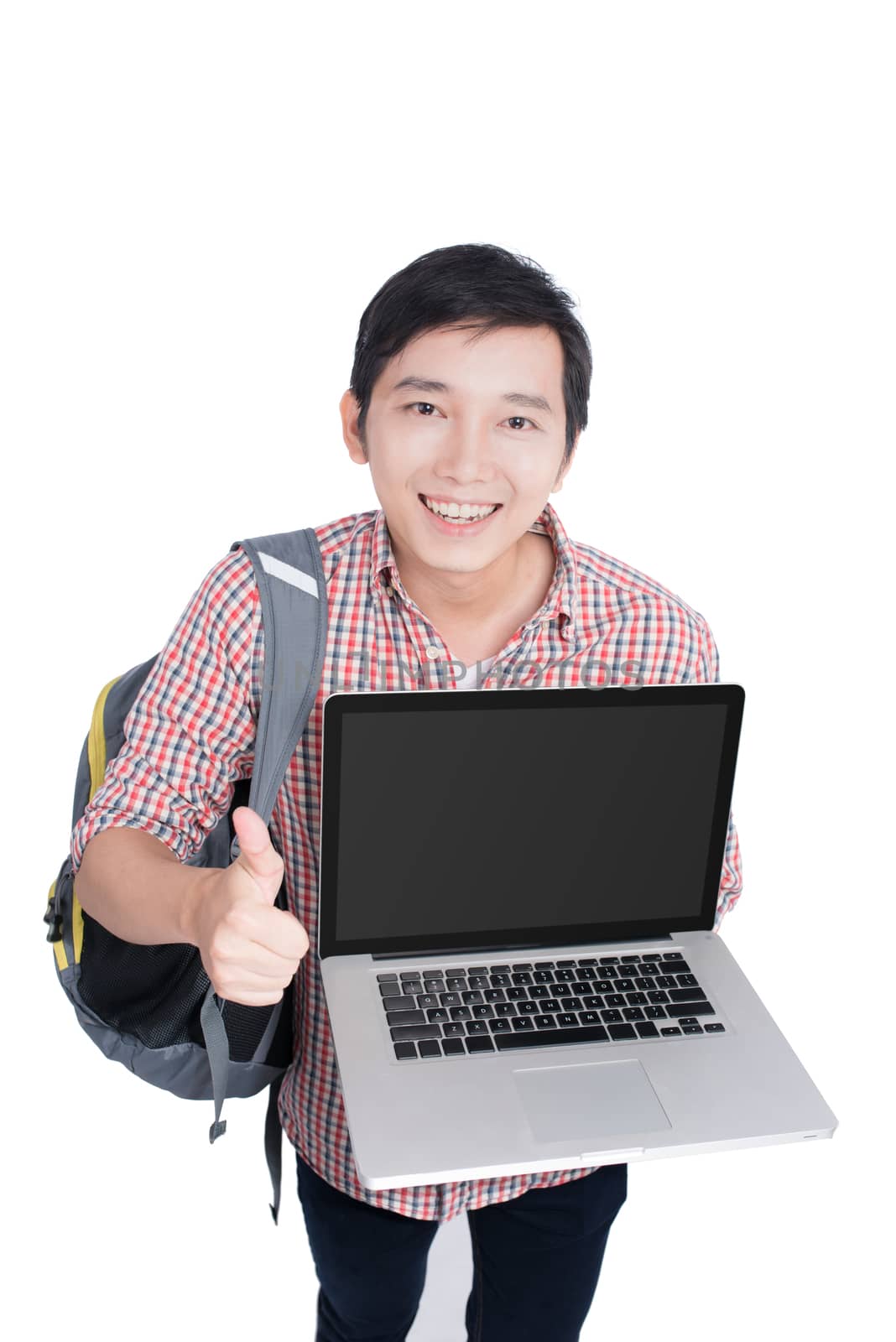 Portrait of young asian student holding and showing screen laptop