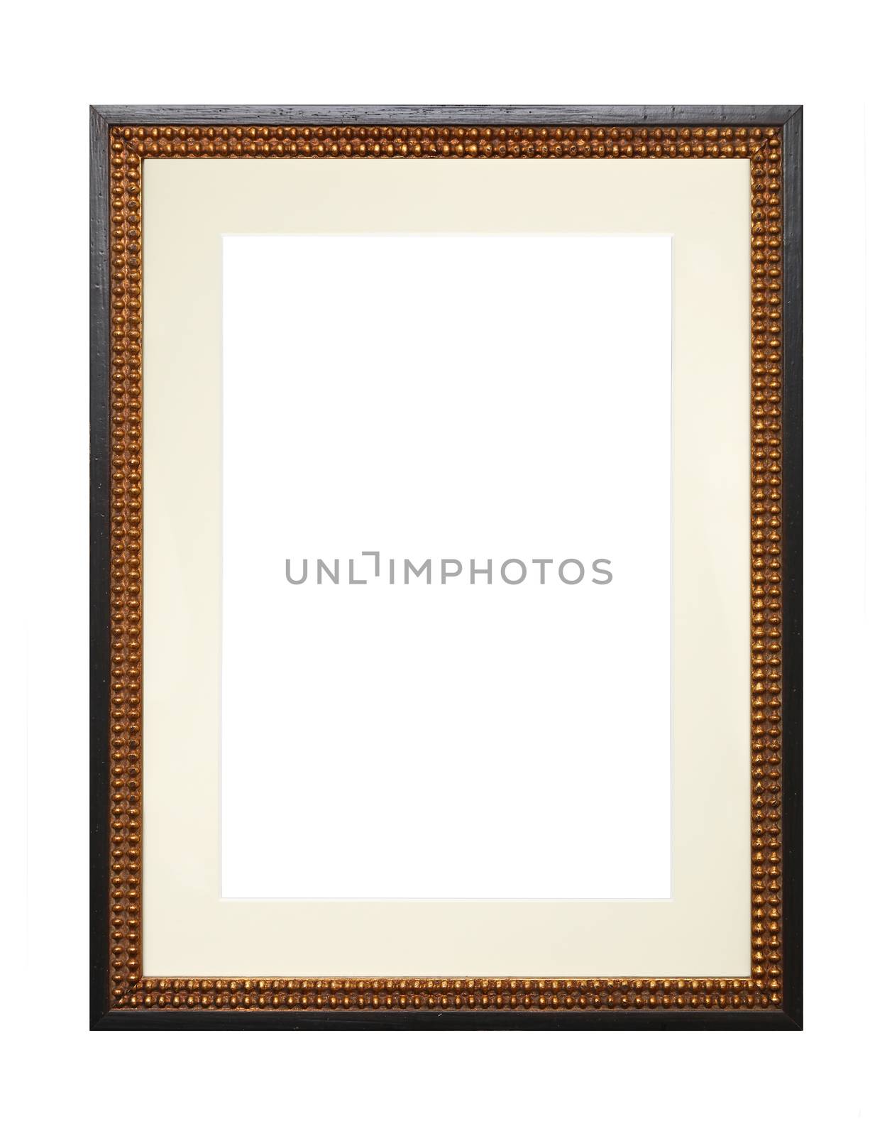 Vintage old wooden brown classic frame with golden inner edge and cardboard mat (passe partout mount) for picture or photo, isolated on white background, close up
