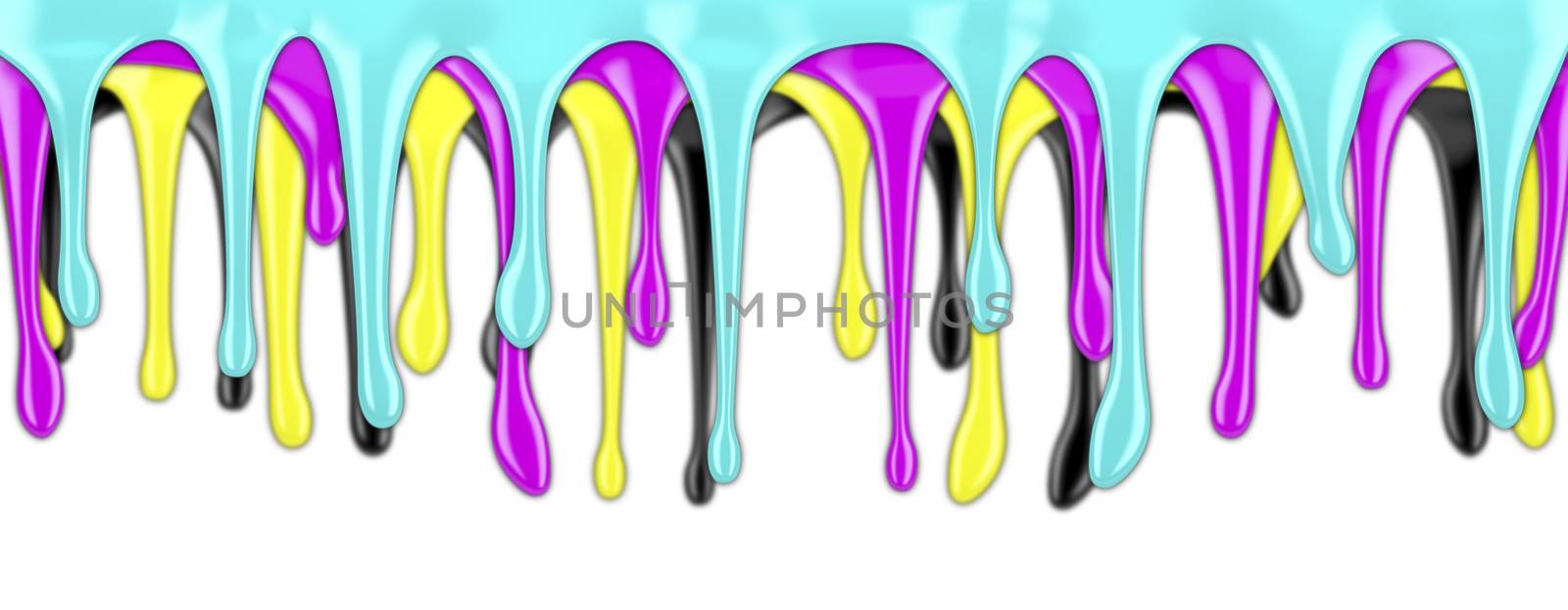 CMYK paint dripping on white background