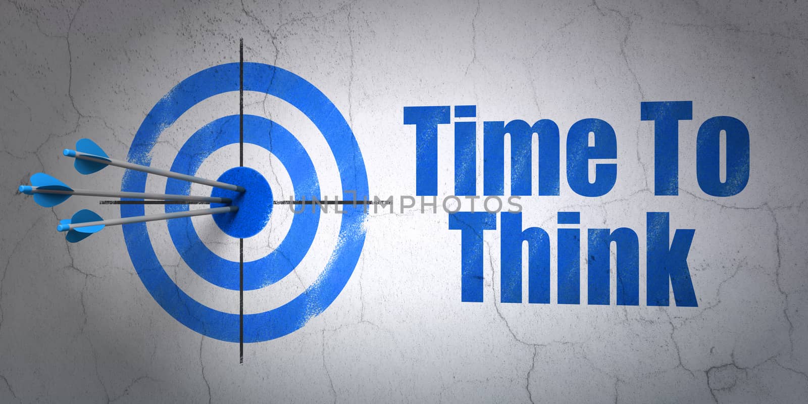 Success time concept: arrows hitting the center of target, Blue Time To Think on wall background, 3D rendering