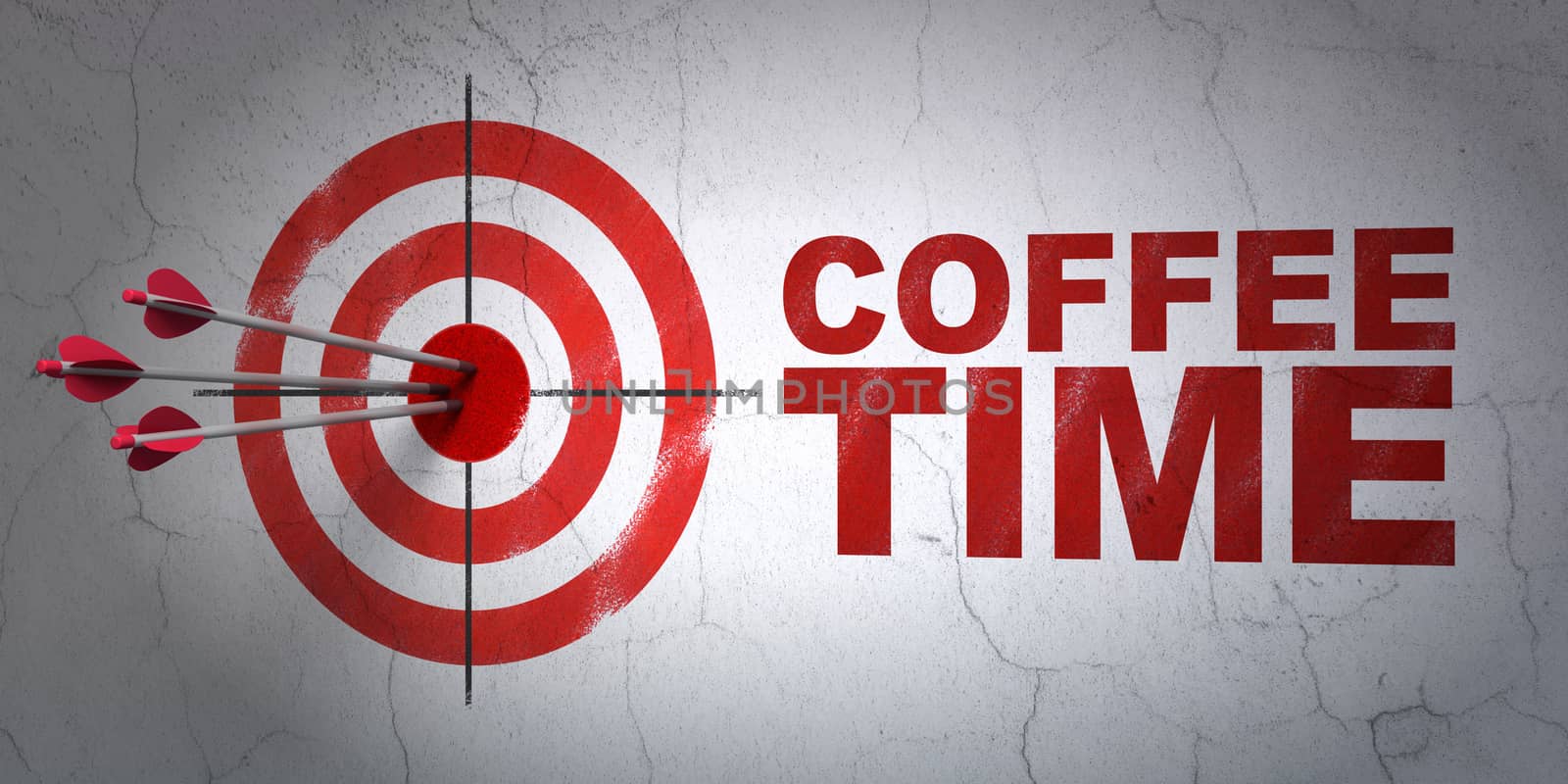 Success time concept: arrows hitting the center of target, Red Coffee Time on wall background, 3D rendering