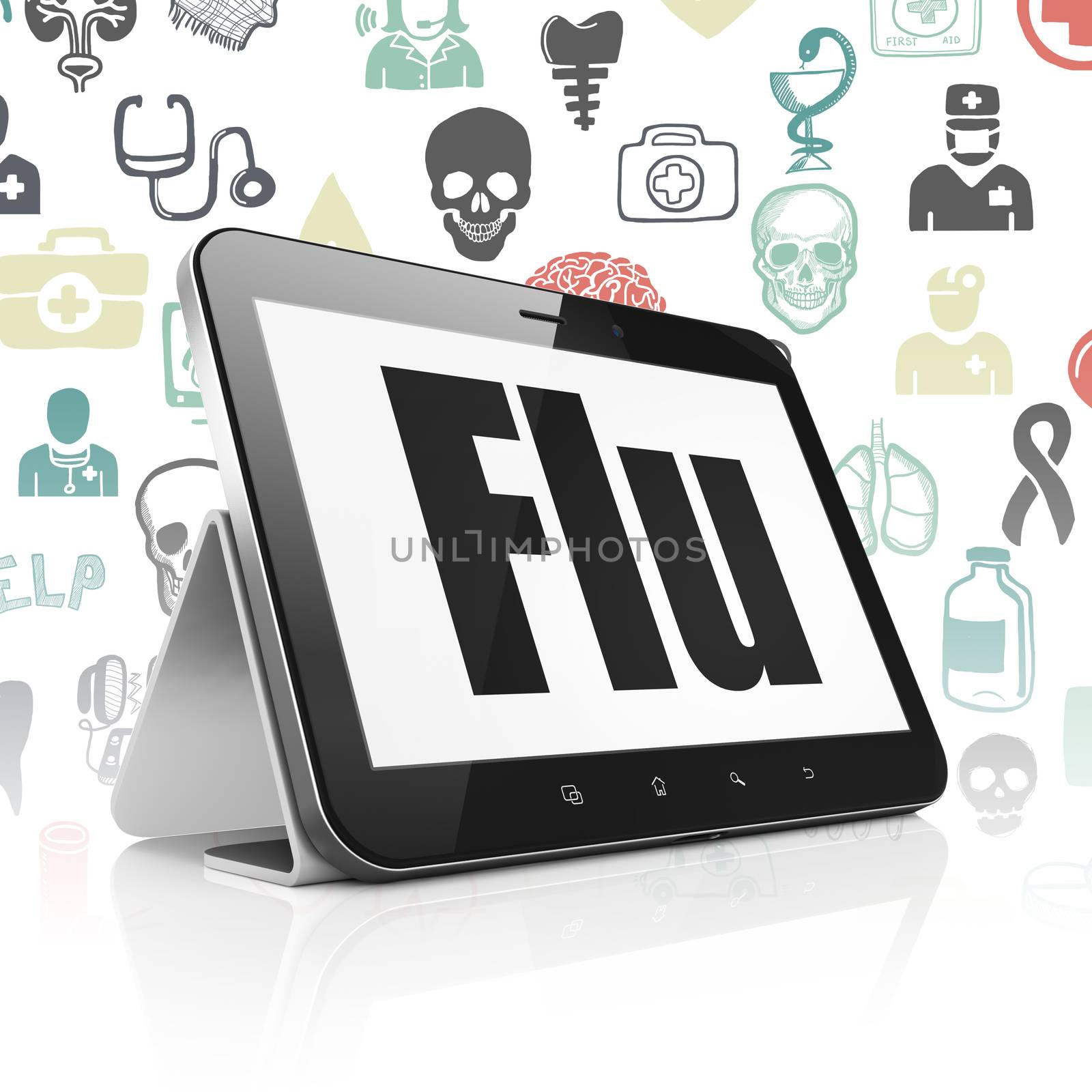 Medicine concept: Tablet Computer with  black text Flu on display,  Hand Drawn Medicine Icons background, 3D rendering