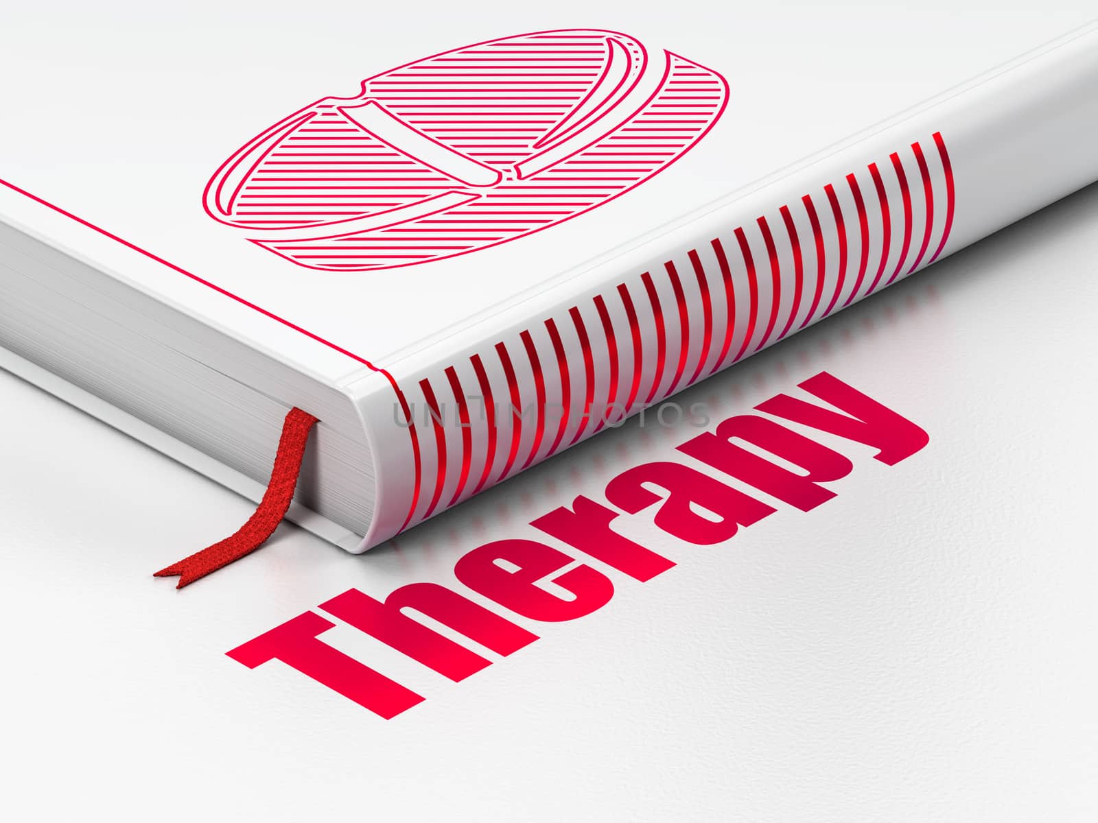 Health concept: closed book with Red Pill icon and text Therapy on floor, white background, 3D rendering