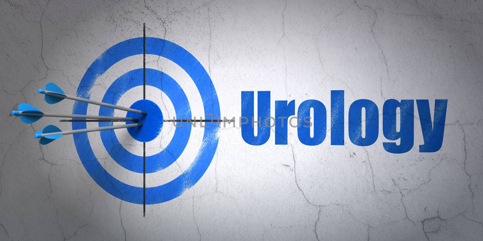 Success Healthcare concept: arrows hitting the center of target, Blue Urology on wall background, 3D rendering