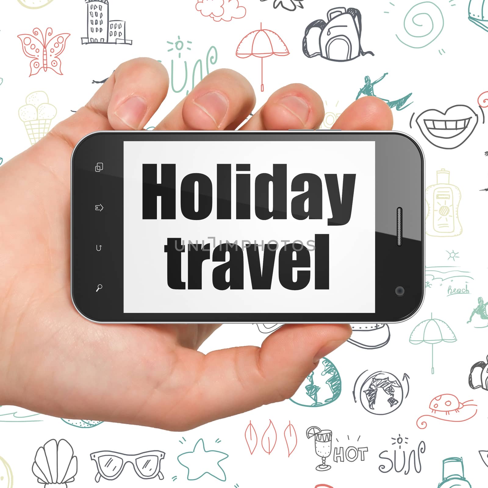 Vacation concept: Hand Holding Smartphone with Holiday Travel on display by maxkabakov